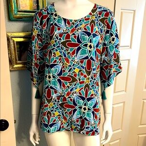 Floral Mosaic Print Short Sleeve Top - Teal & Rust BOHO Large #EE